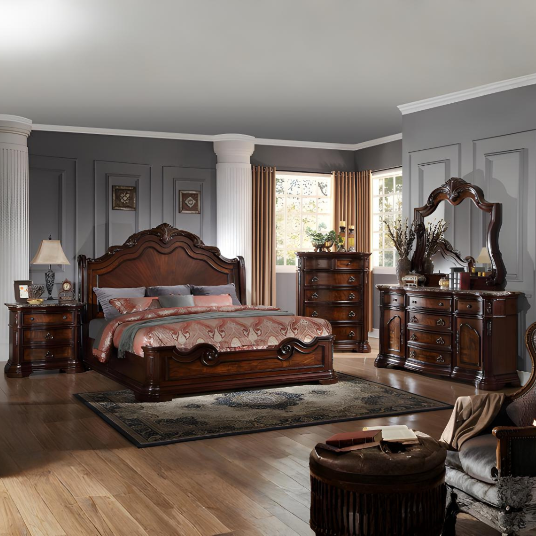 Ensemble chambre grand lit Regalthorn 6 pièces finition noyer style traditionnel tête de lit traîneau Montréal
