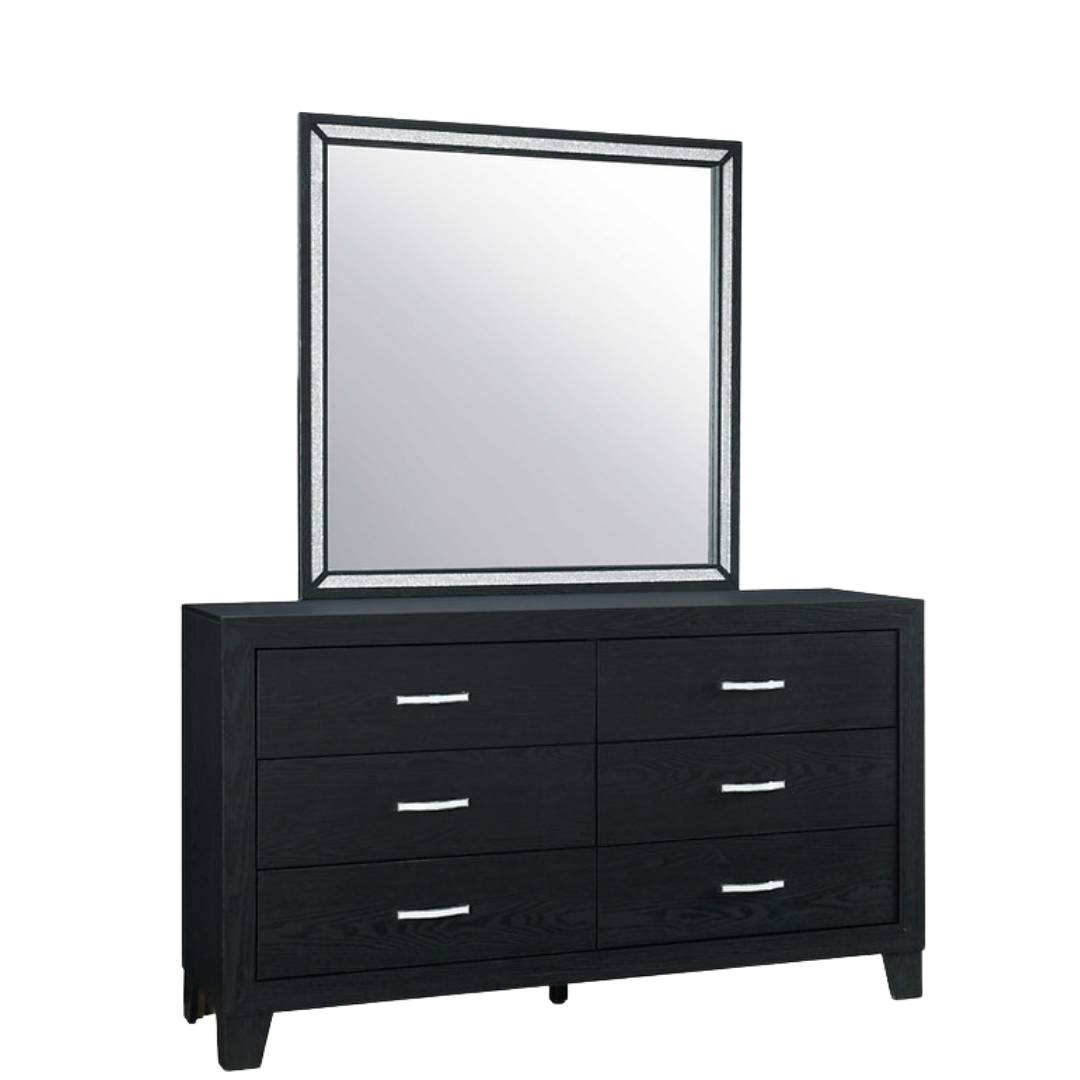 Obsidian – Commode à 6 tiroirs avec miroir – Noire avec accents de cristal