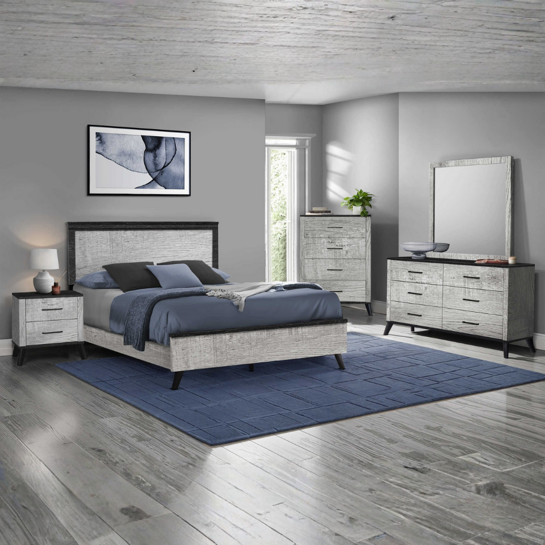 Ensemble chambre queen Renzo 6 pièces bois ingénierie gris graphite avec commode miroir et tables de chevet – Bonito Montréal