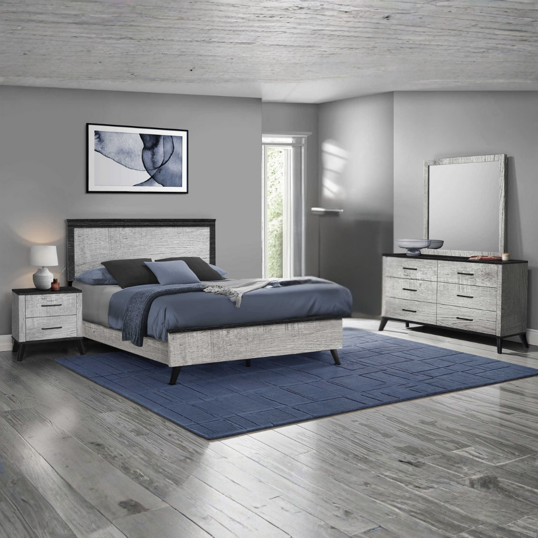 Ensemble chambre queen Renzo 6 pièces bois ingénierie gris graphite avec commode miroir et tables de chevet – Bonito Montréal