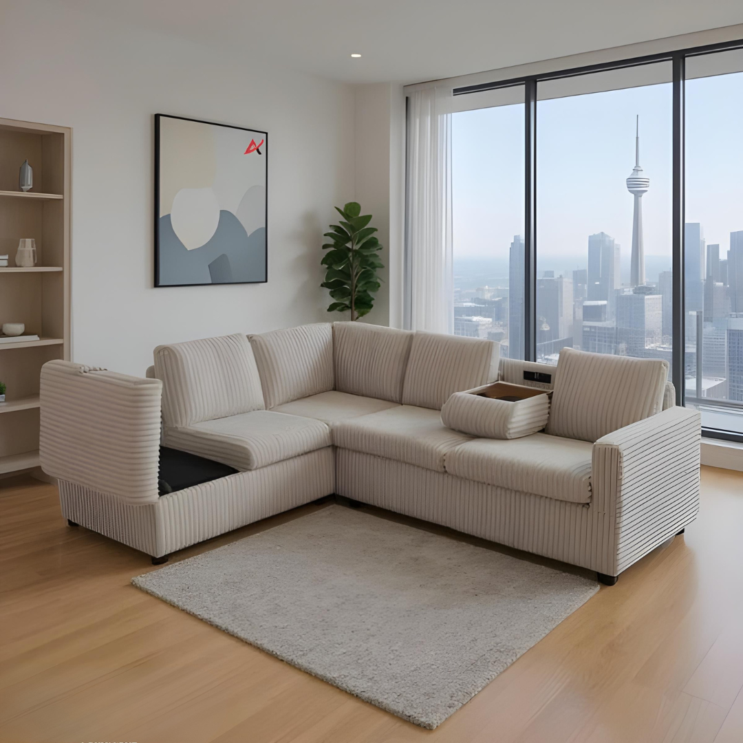 Rika – Canapé d'angle réversible avec rangement, porte-gobelets et prises électriques – Velours beige