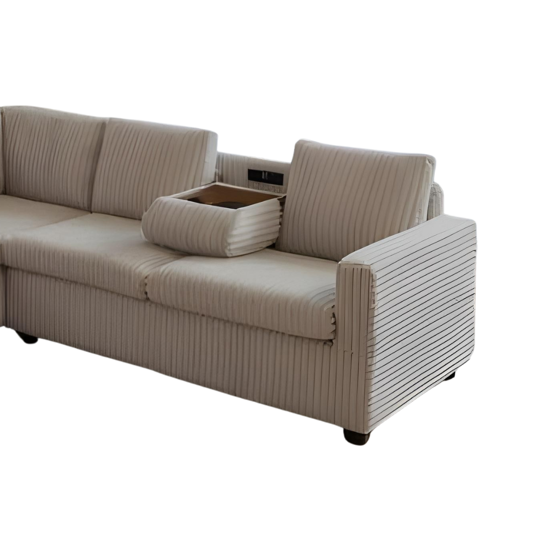 Rika – Canapé d'angle réversible avec rangement, porte-gobelets et prises électriques – Velours beige