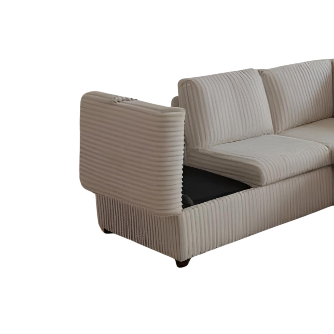 Rika – Canapé d'angle réversible avec rangement, porte-gobelets et prises électriques – Velours beige