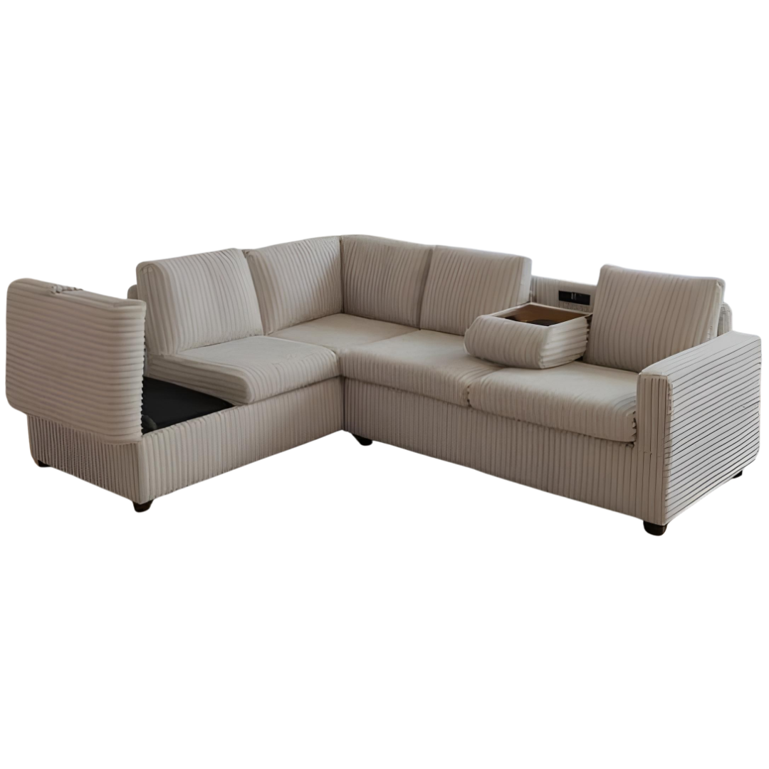 Rika – Canapé d'angle réversible avec rangement, porte-gobelets et prises électriques – Velours beige