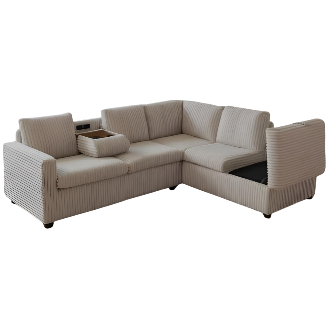 Rika – Canapé d'angle réversible avec rangement, porte-gobelets et prises électriques – Velours beige