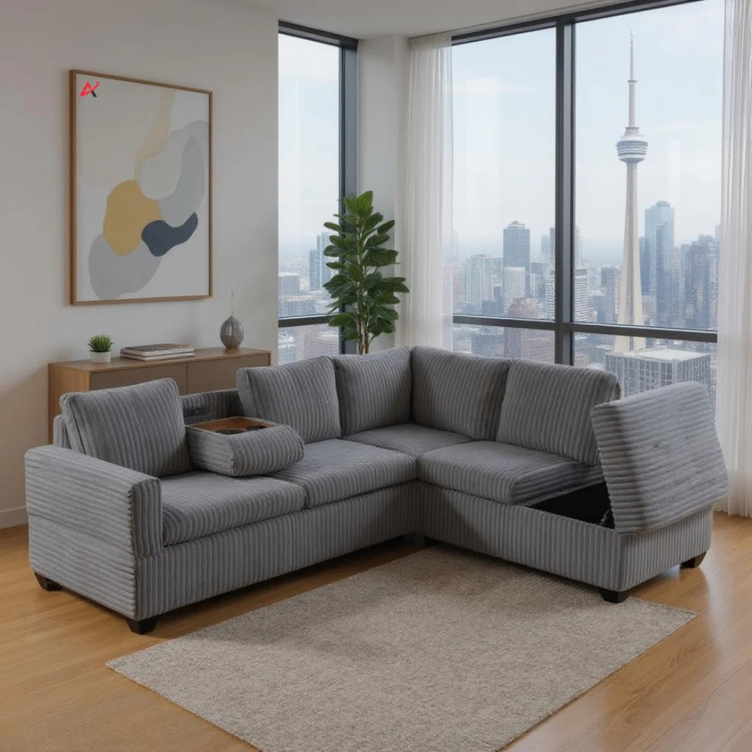 Rika – Reversible Sectional with Storage, Cup Holders & Power Ports – Grey Velvet