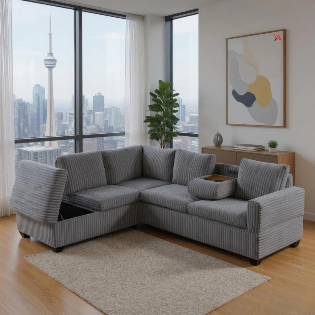 Rika – Canapé d'angle réversible avec rangement, porte-gobelets et prises électriques – Velours gris