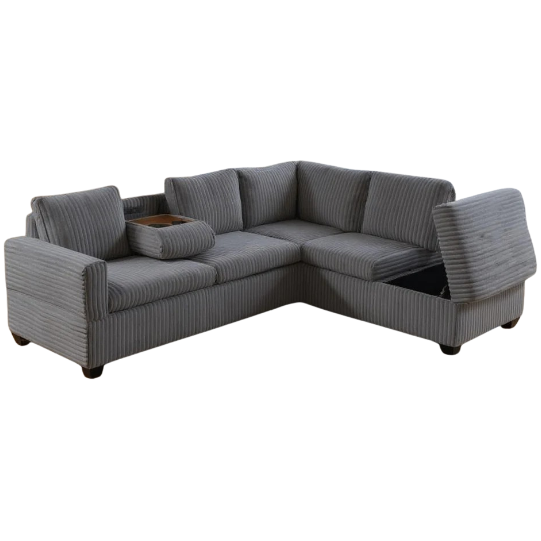 Rika – Canapé d'angle réversible avec rangement, porte-gobelets et prises électriques – Velours gris