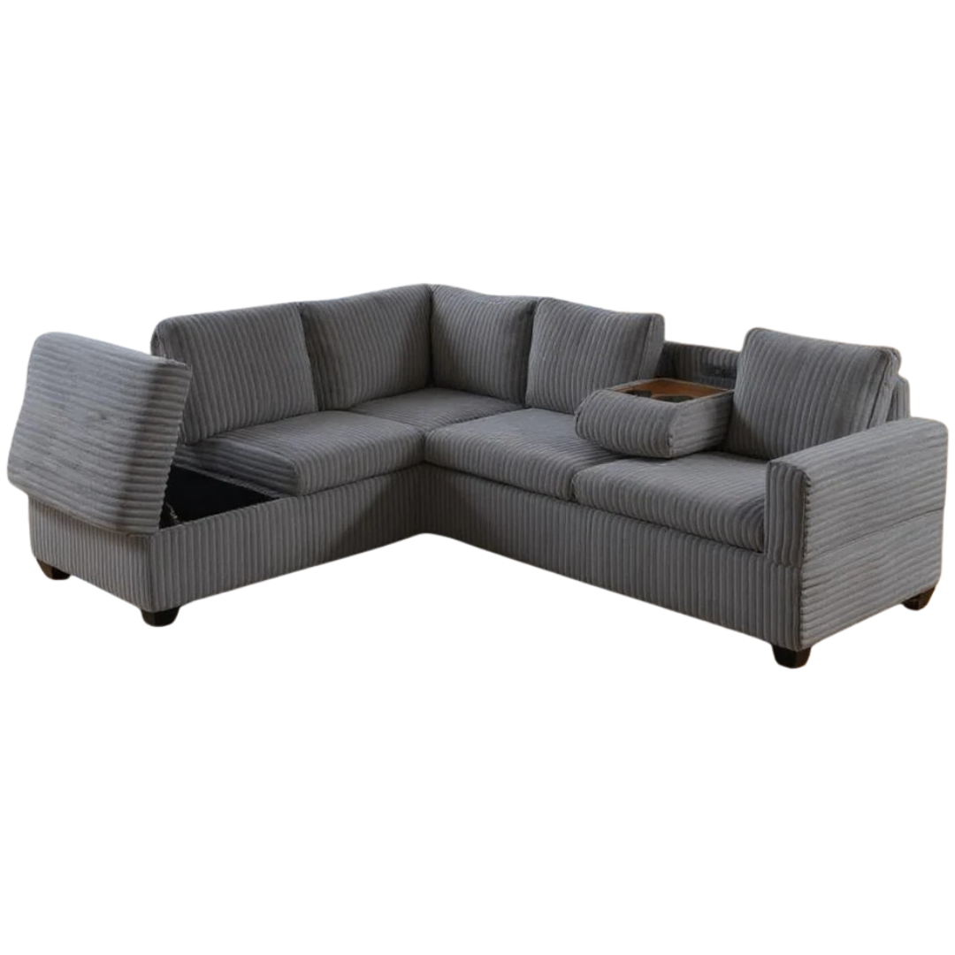 Rika – Canapé d'angle réversible avec rangement, porte-gobelets et prises électriques – Velours gris