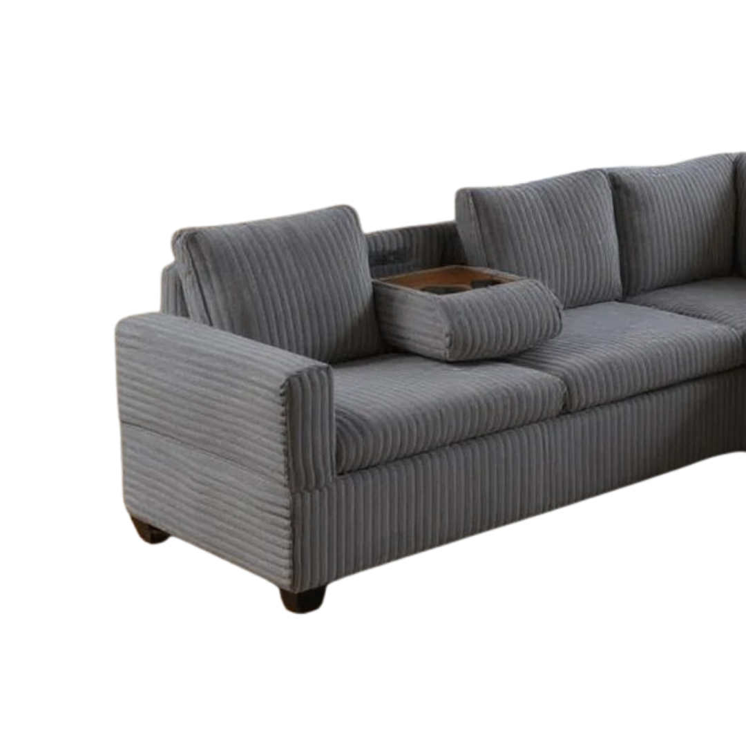 Rika – Canapé d'angle réversible avec rangement, porte-gobelets et prises électriques – Velours gris