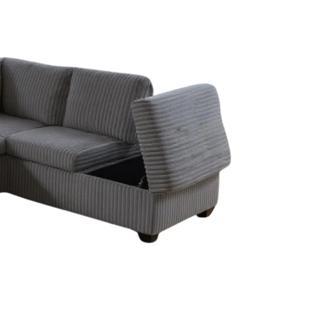 Rika – Canapé d'angle réversible avec rangement, porte-gobelets et prises électriques – Velours gris