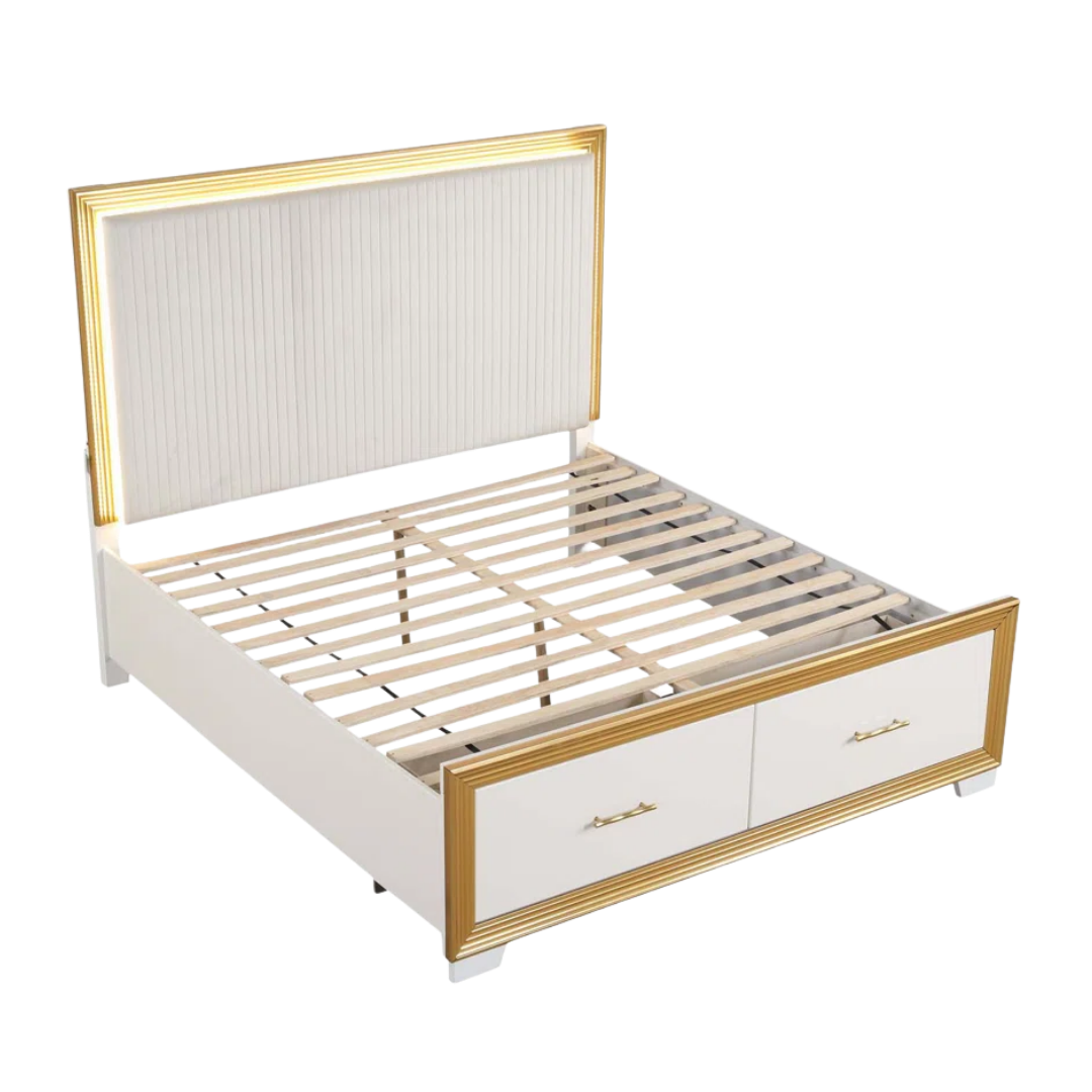 Ensemble chambre queen Rosaluxe blanc laqué rose gold avec LED et commode – Bonito Montréal