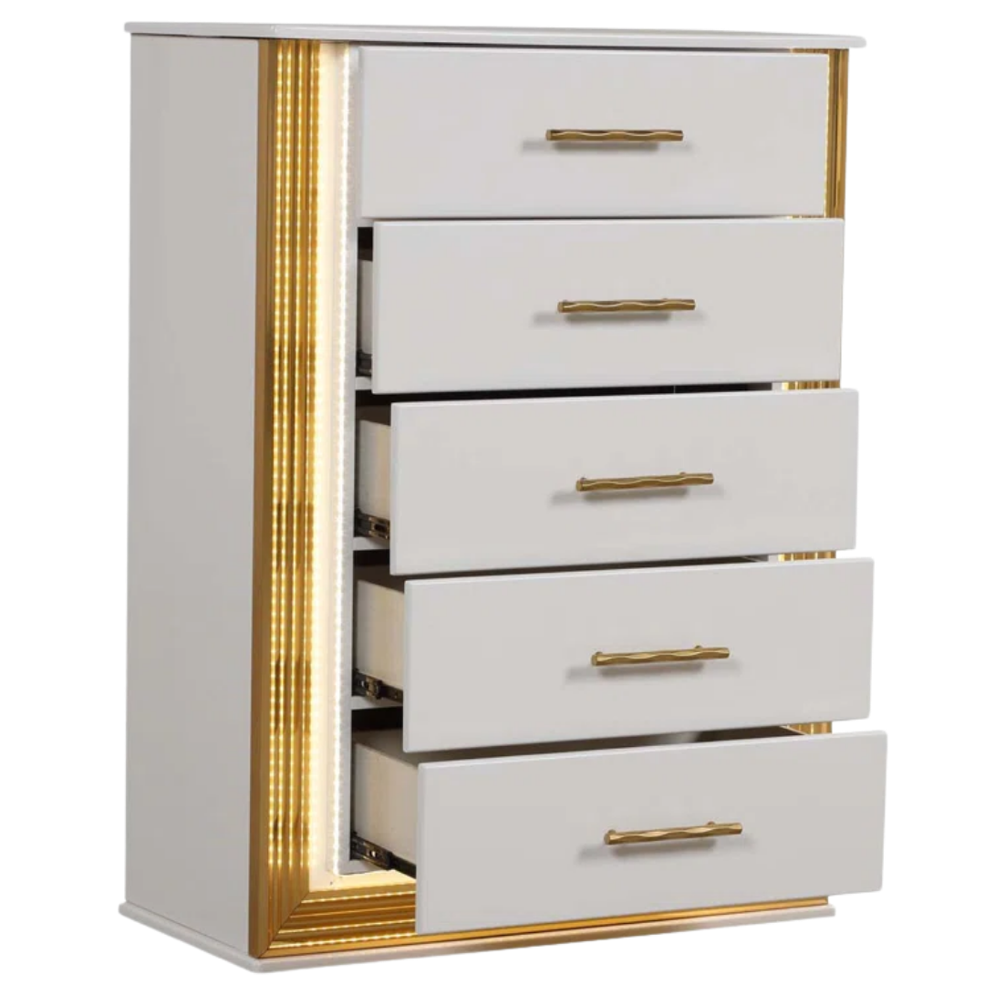 Ensemble chambre queen Rosaluxe blanc laqué rose gold avec LED et commode – Bonito Montréal