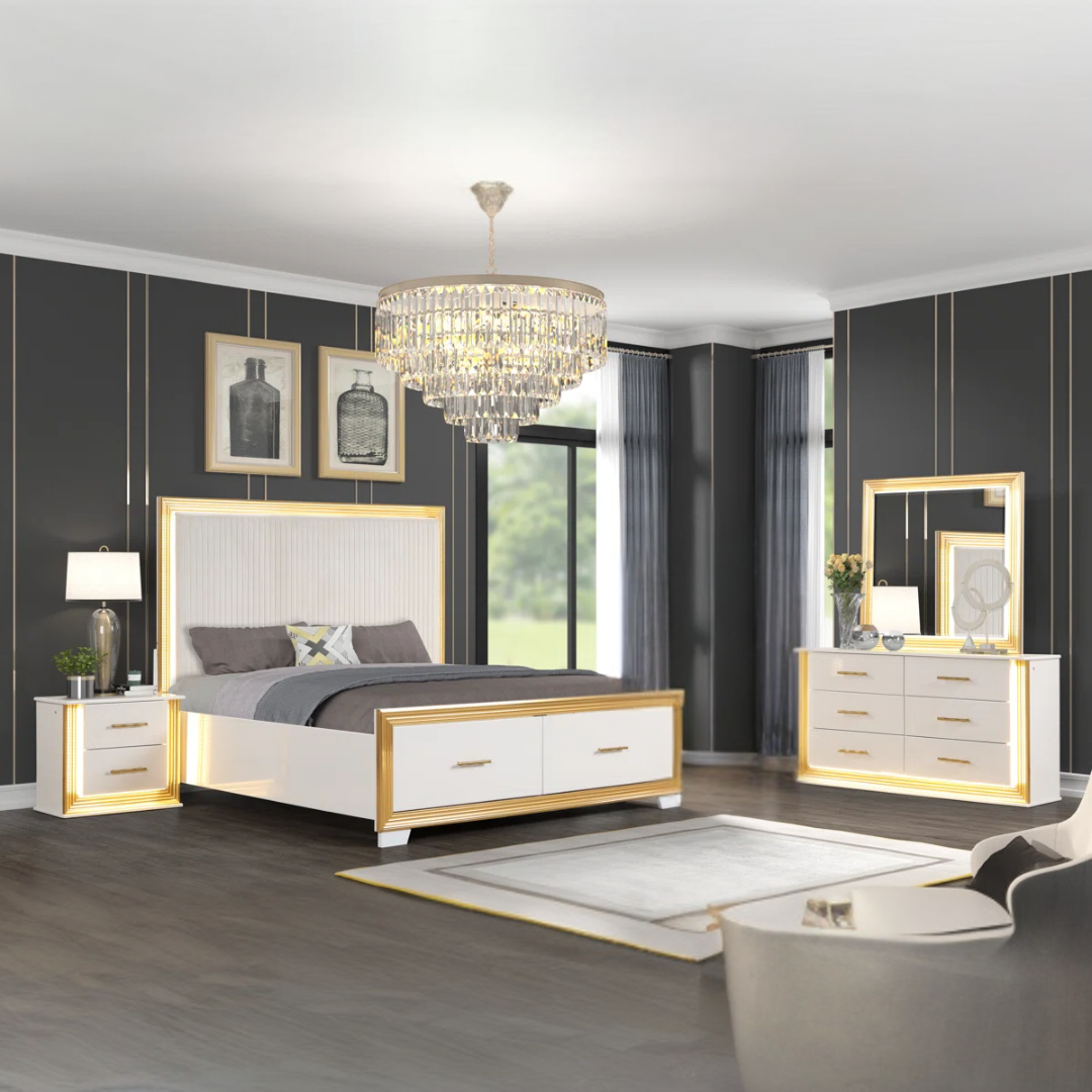Ensemble chambre queen Rosaluxe blanc laqué rose gold avec LED et commode – Bonito Montréal