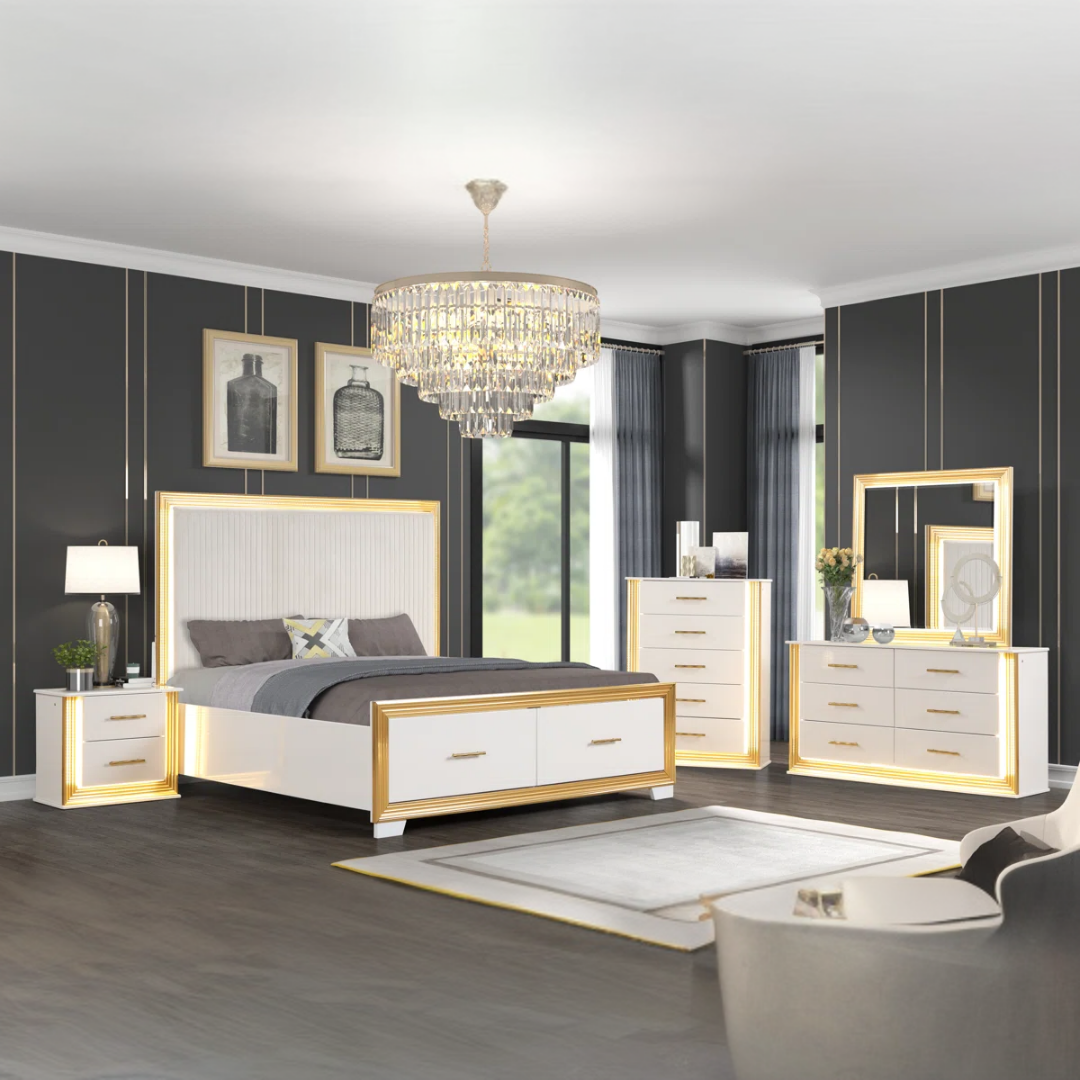 Ensemble chambre queen Rosaluxe blanc laqué rose gold avec LED et commode – Bonito Montréal