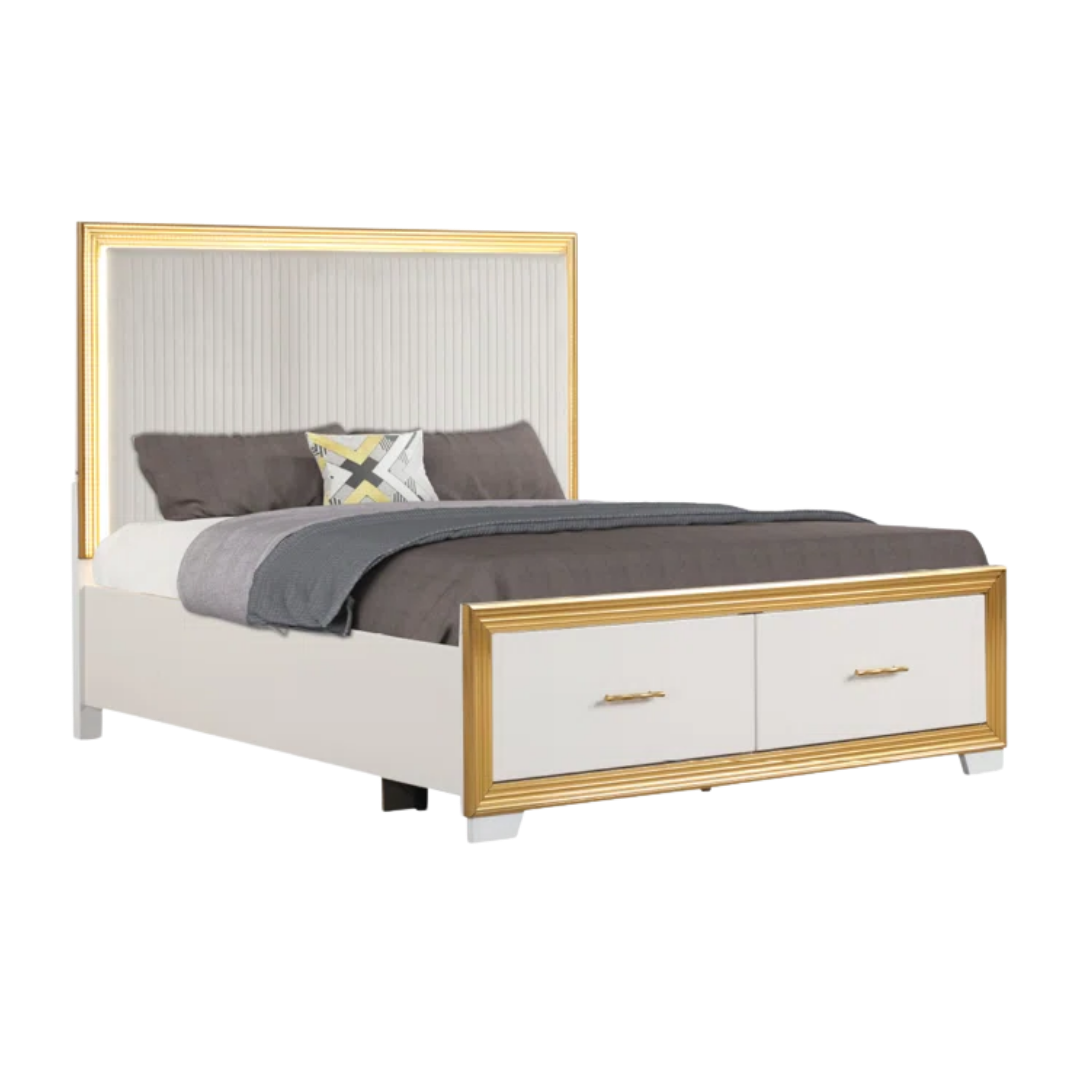 Ensemble chambre queen Rosaluxe blanc laqué rose gold avec LED et commode – Bonito Montréal