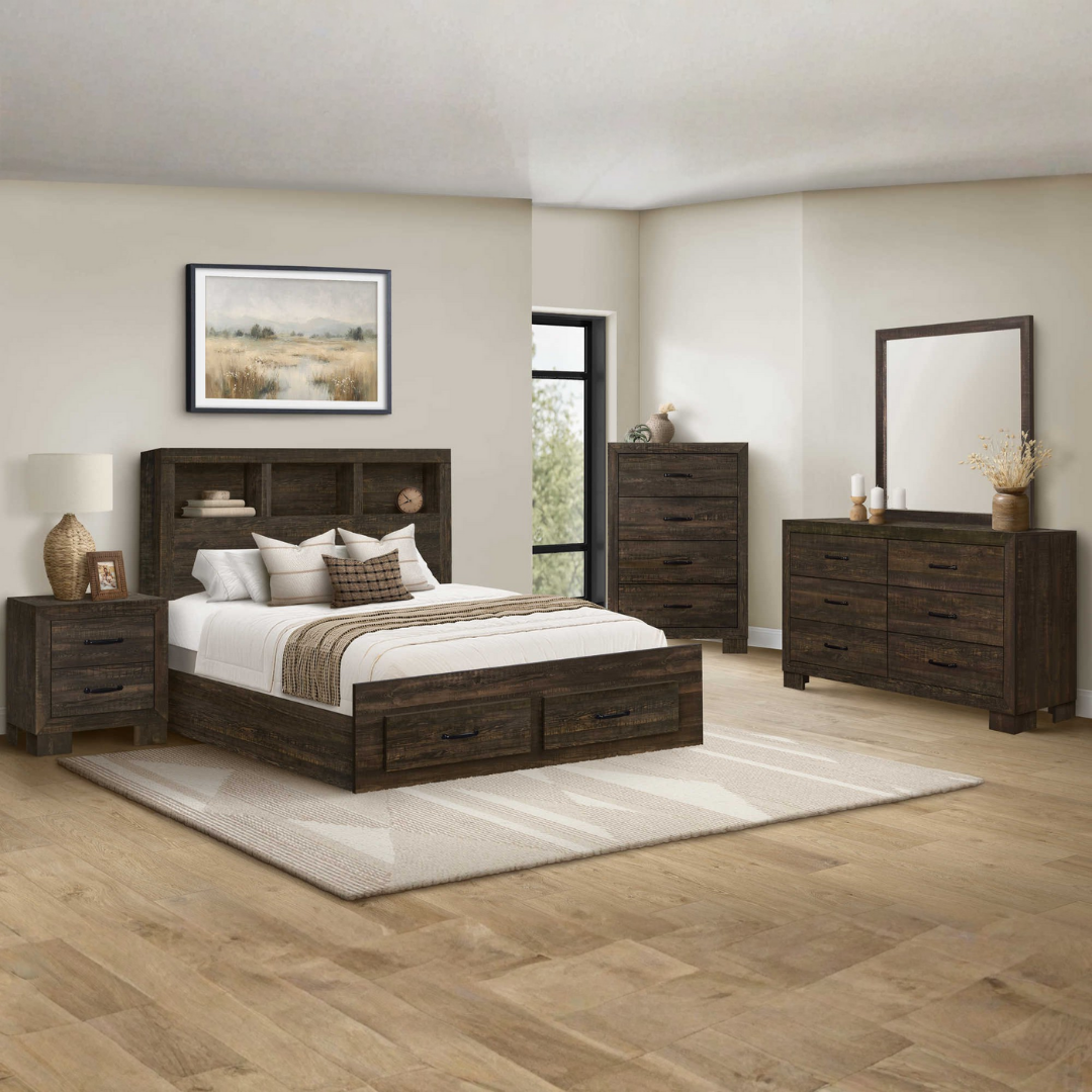 Ensemble chambre Rustello grand lit 6 pièces chêne rustique style farmhouse avec commode miroir et tables de chevet – Bonito Montréal