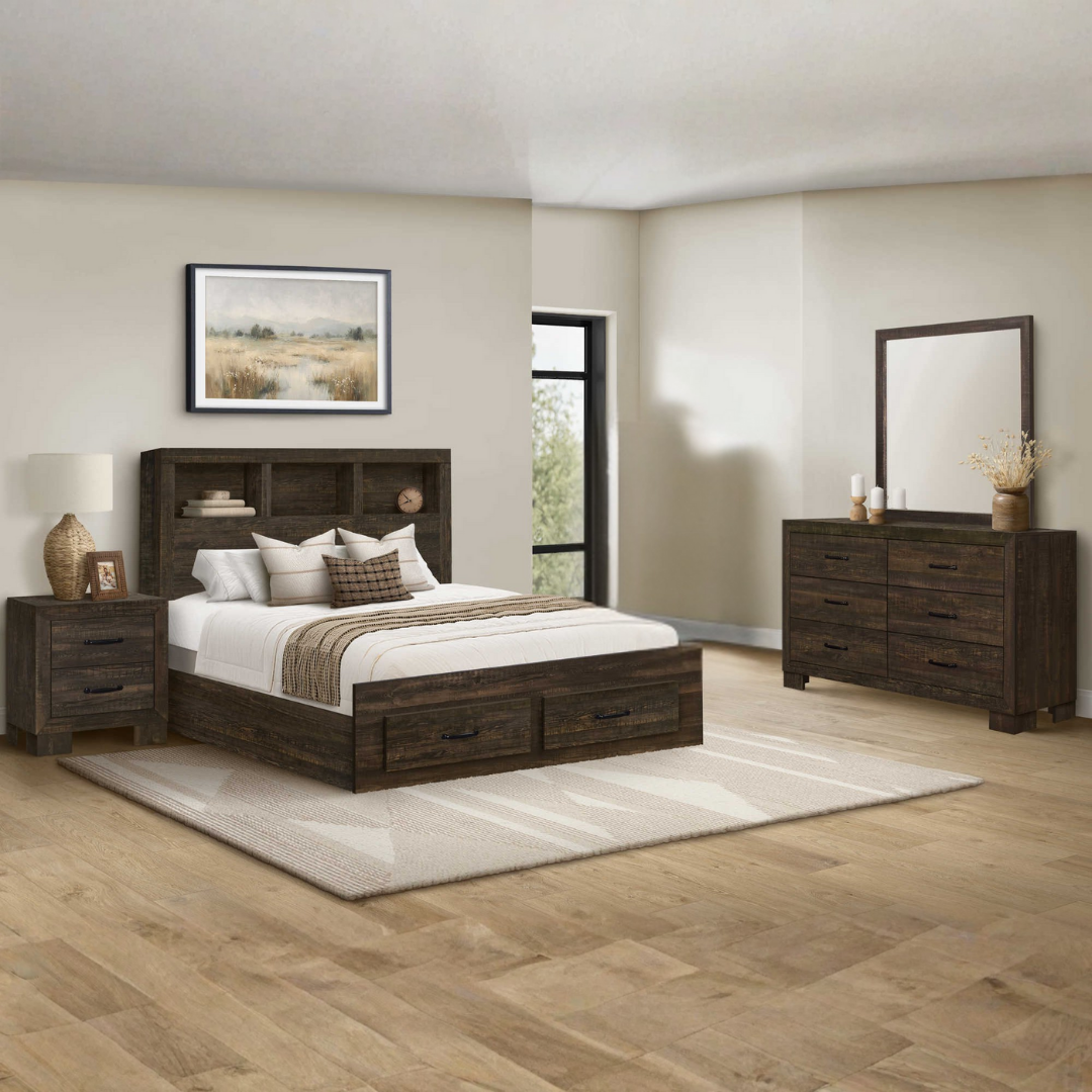 Ensemble chambre Rustello grand lit 6 pièces chêne rustique style farmhouse avec commode miroir et tables de chevet – Bonito Montréal