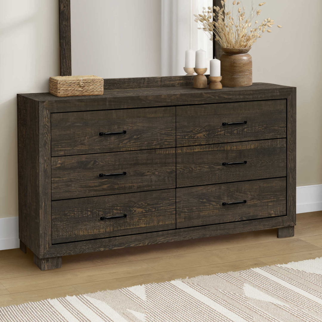 Ensemble chambre Rustello grand lit 6 pièces chêne rustique style farmhouse avec commode miroir et tables de chevet – Bonito Montréal