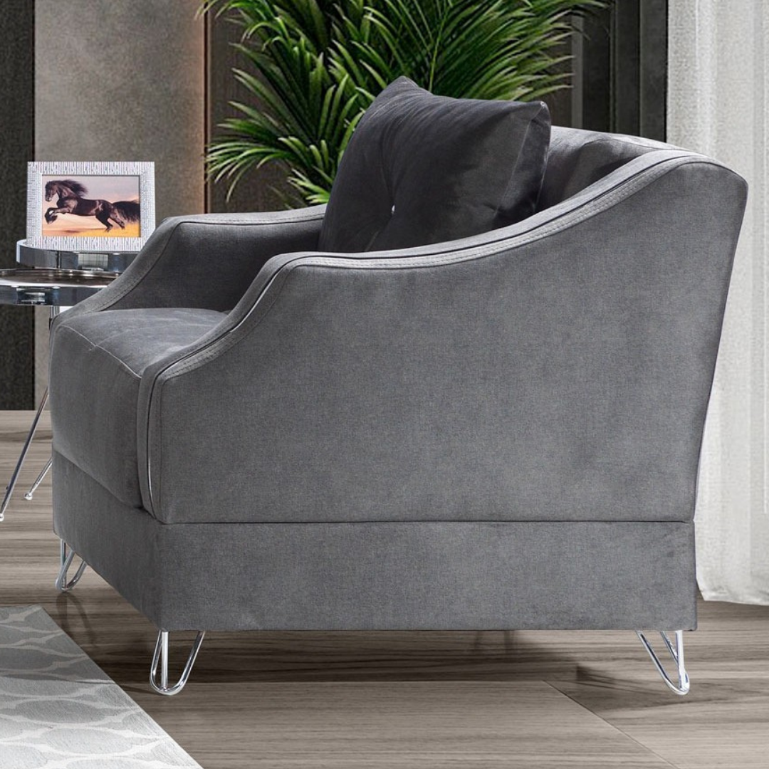 Rydel – Velvet Living Room Set – Chrome Legs – Grey