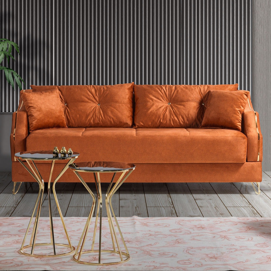 Rydel – Velvet Living Room Set – Gold Legs – Orange