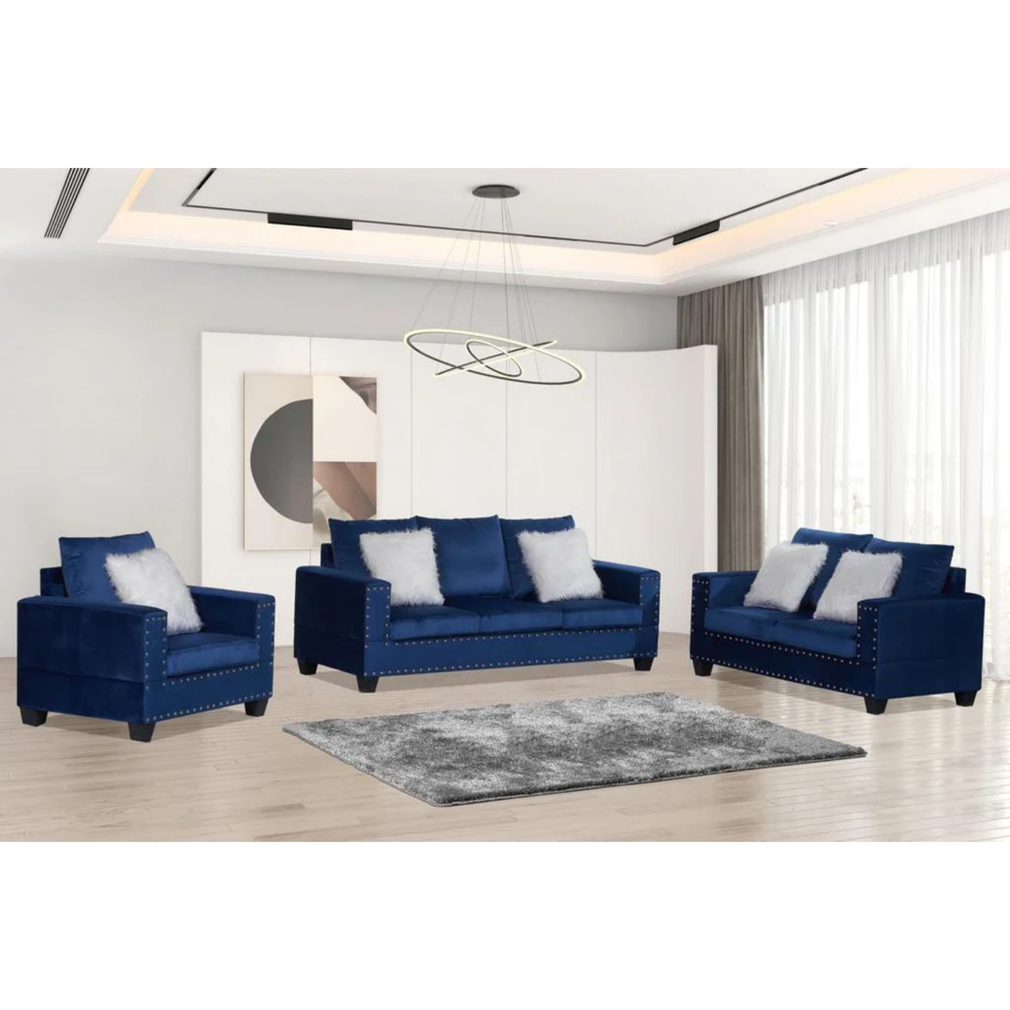 SILVY - Ensemble de canapés 3 pièces en velours bleu