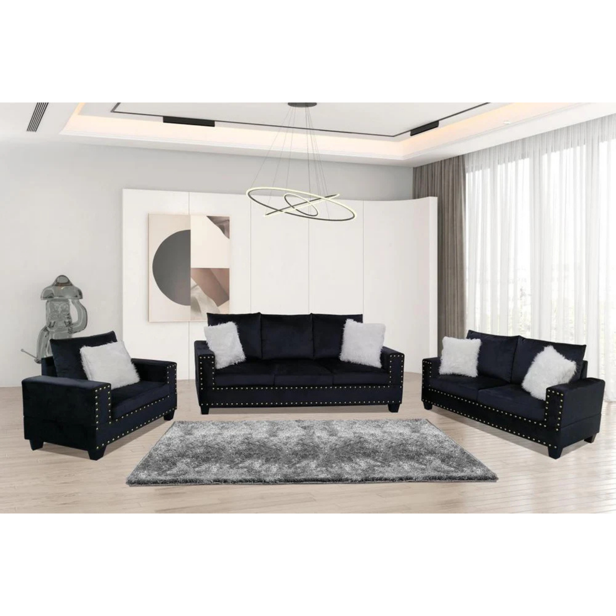 SILVY - Ensemble de canapés 3 pièces en velours noir