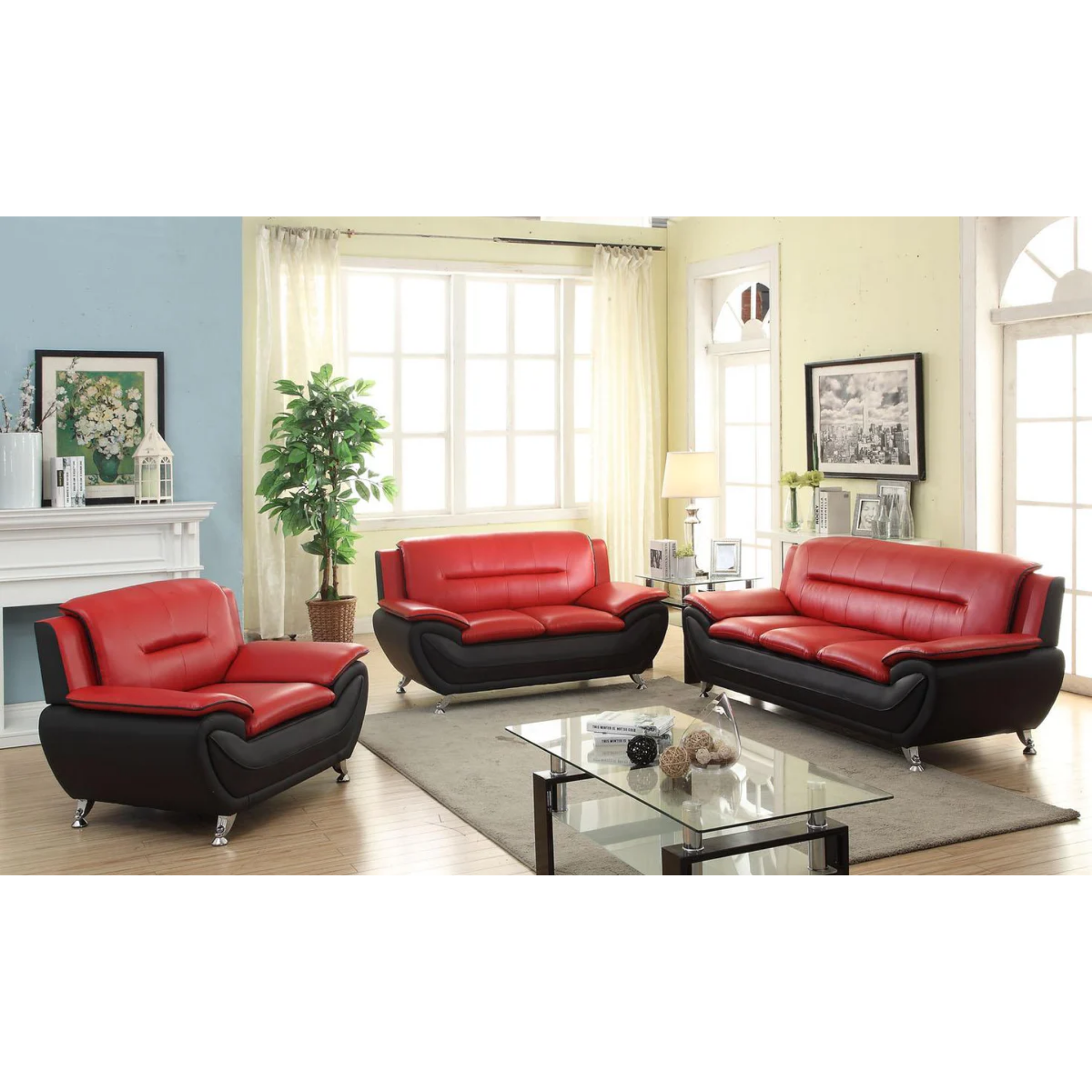 SPRUCE - Ensemble de canapé 3 pièces en cuir PU noir rouge