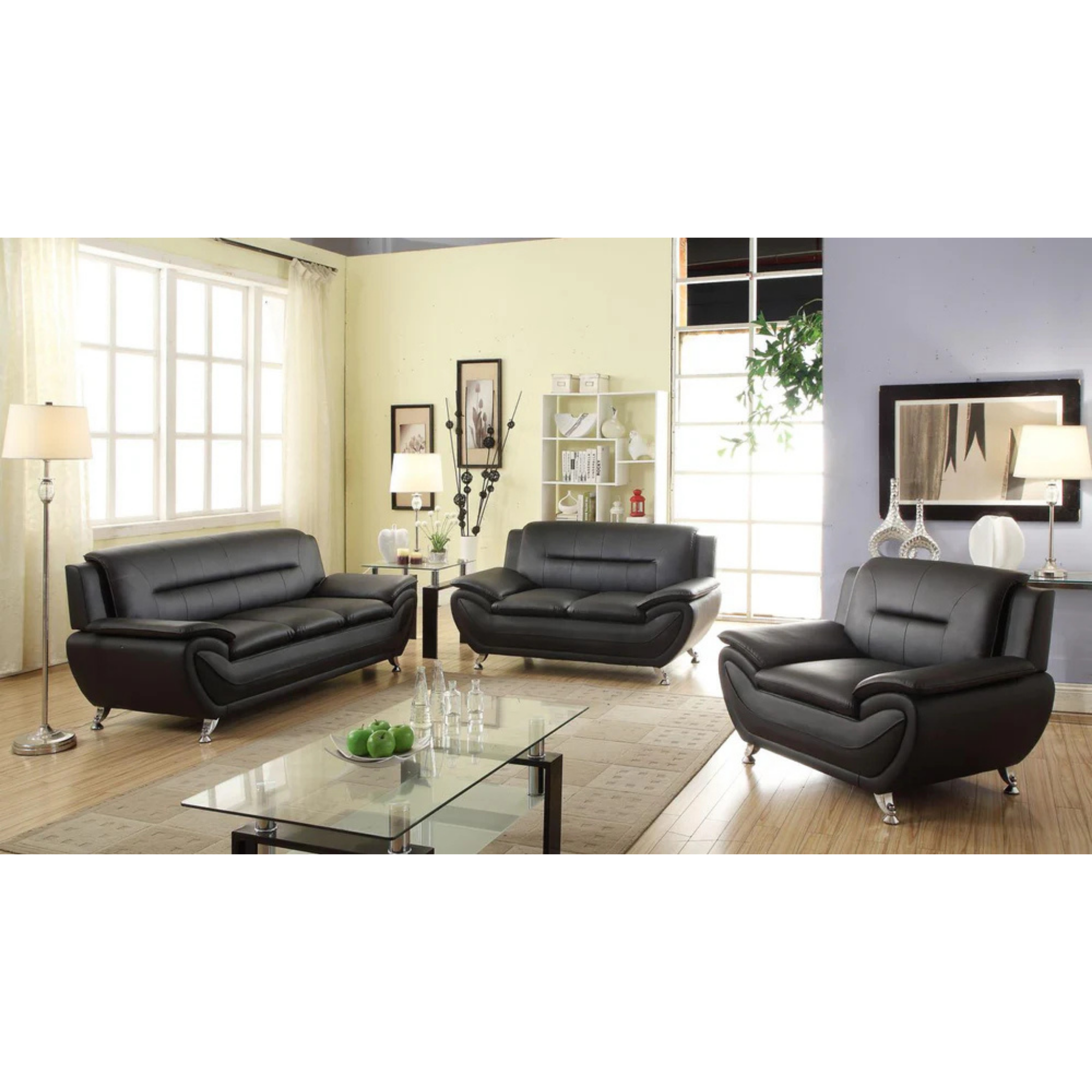 SPRUCE - Ensemble de canapés 3 pièces en cuir PU noir