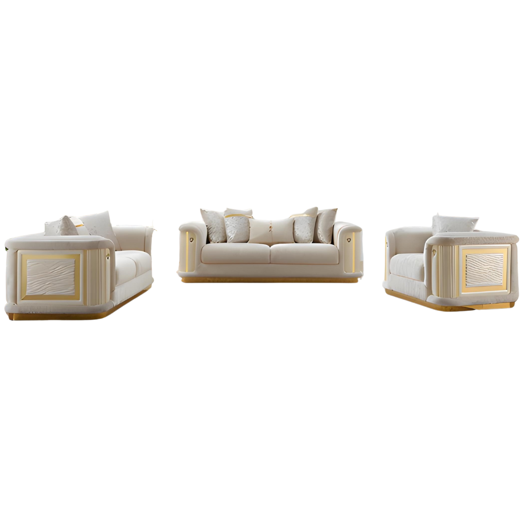 Safi – Soft Fabric Living Room Set – Gold Accents – Beige