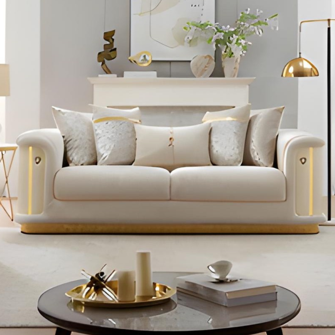Safi – Soft Fabric Living Room Set – Gold Accents – Beige