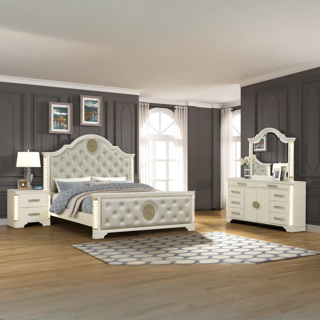Ensemble chambre king Soralia 6 pièces beige accents dorés avec LED intégrée – Bonito Montréal