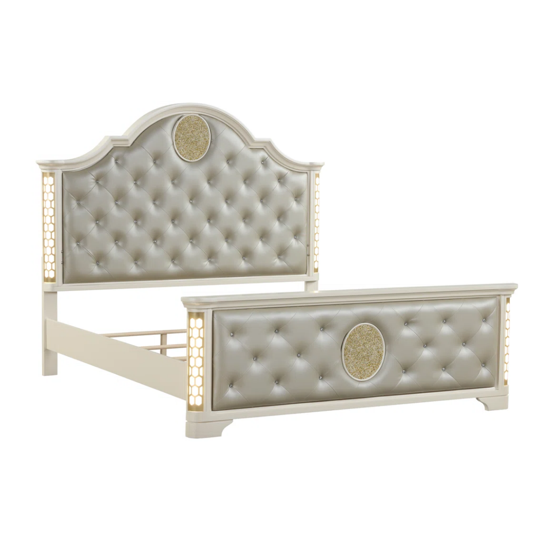 Ensemble chambre Soralia grand lit queen beige accents dorés tête de lit LED capitonnée 6 pièces Montréal