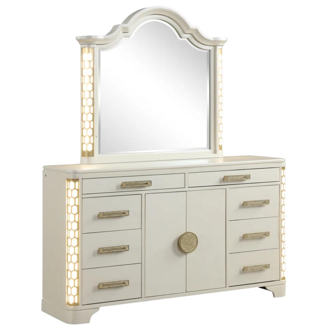 Ensemble chambre Soralia grand lit queen beige accents dorés tête de lit LED capitonnée 6 pièces Montréal