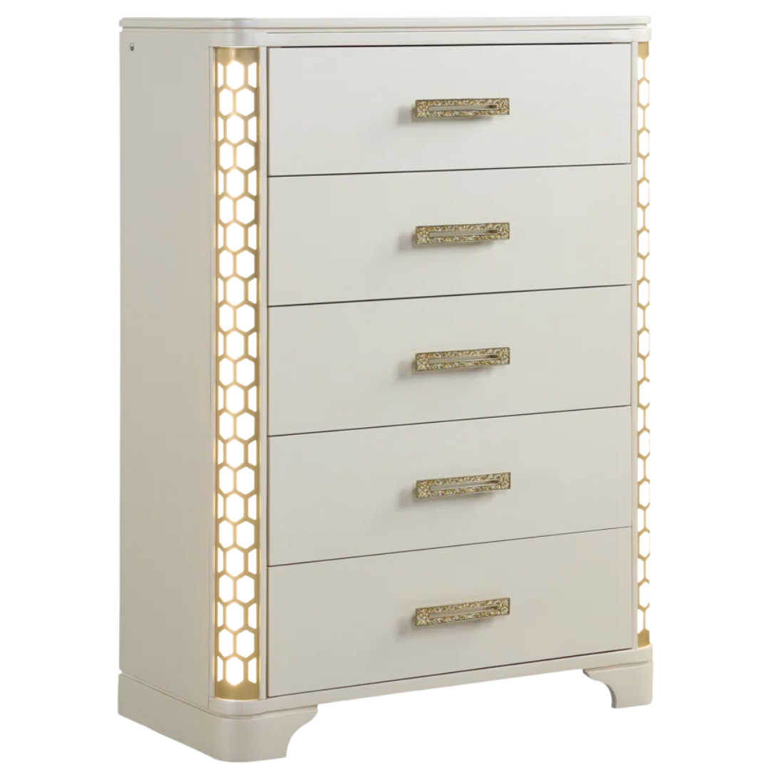 Ensemble chambre Soralia grand lit queen beige accents dorés tête de lit LED capitonnée 6 pièces Montréal