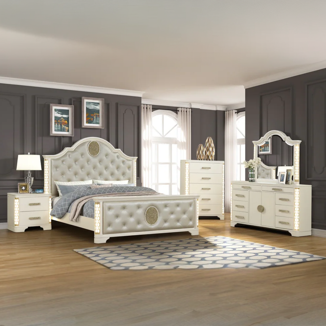 Ensemble chambre Soralia grand lit queen beige accents dorés tête de lit LED capitonnée 6 pièces Montréal