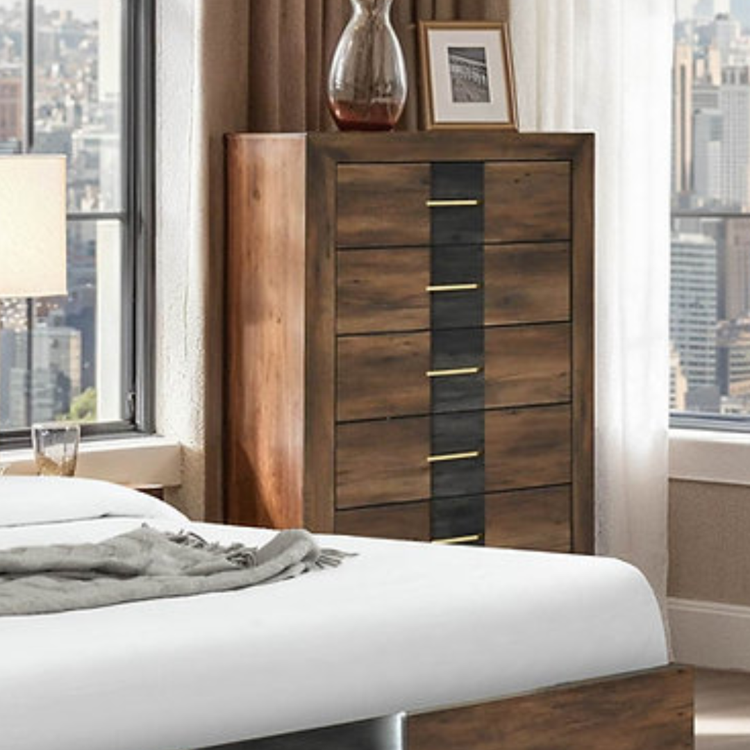 Morena – Commode haute brun foncé et noyer 5 tiroirs