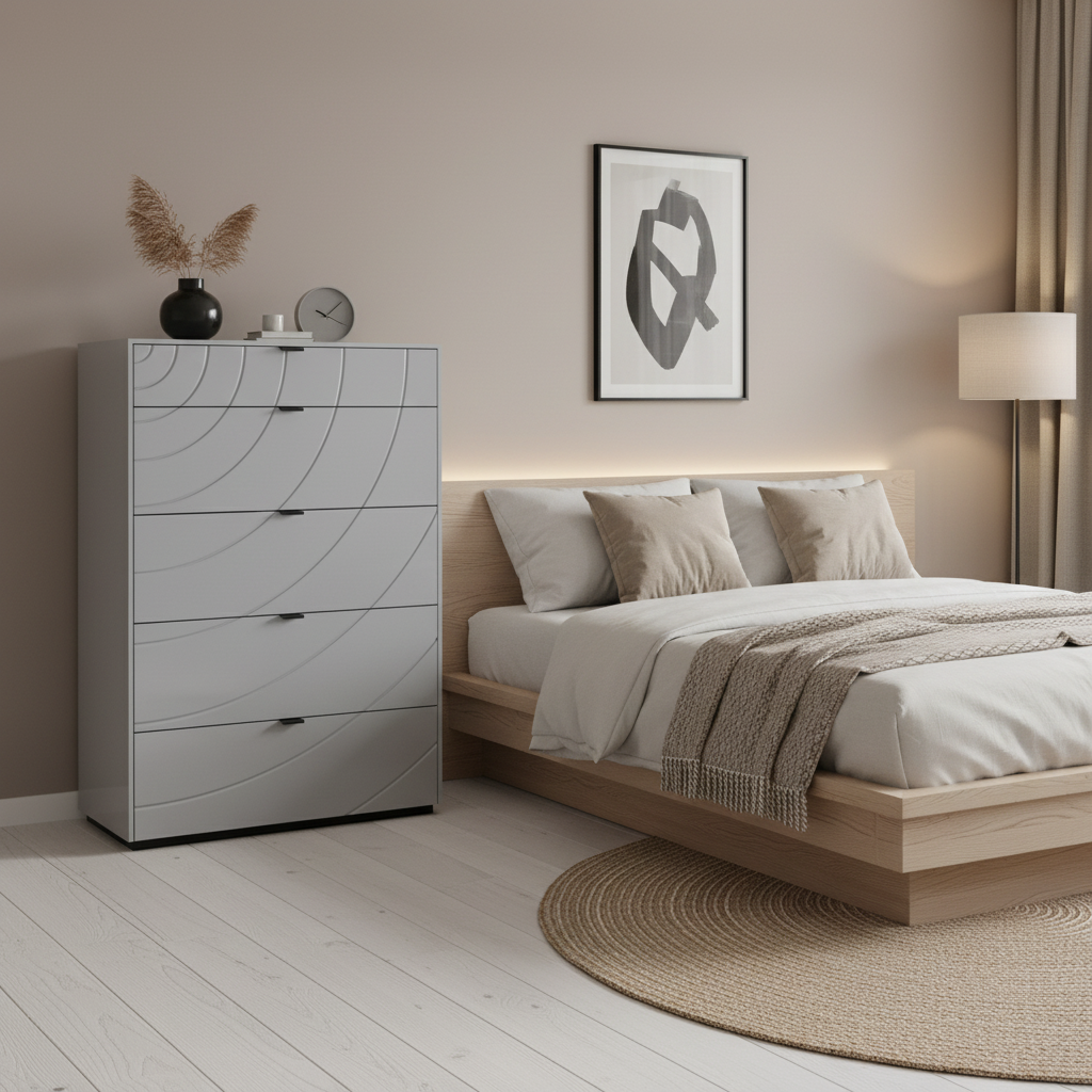 Vortano – Chiffonnier gris laqué 5 tiroirs
