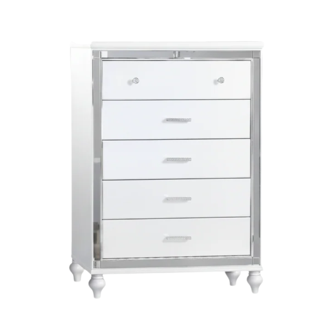 Glorova – Chiffonnier blanc glamour 5 tiroirs
