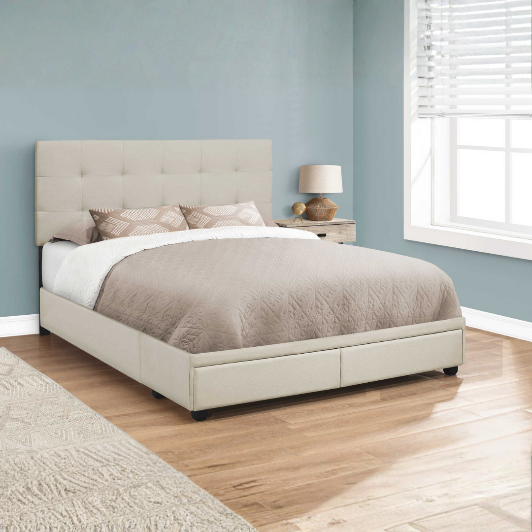 Storian – Lit Queen – Tissu (Lin beige) + 2 tiroirs de rangement