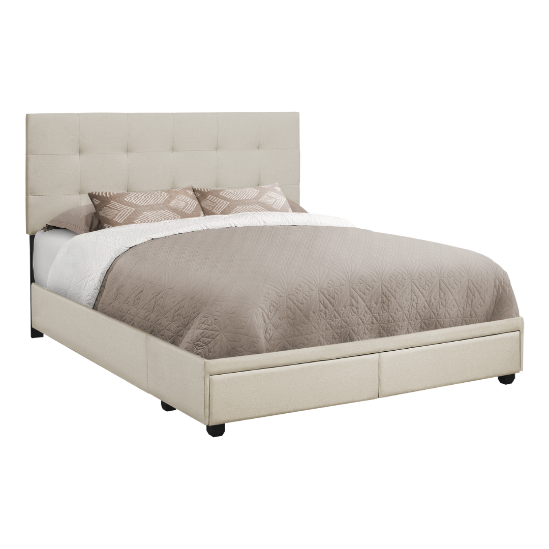 Storian – Lit Queen – Tissu (Lin beige) + 2 tiroirs de rangement
