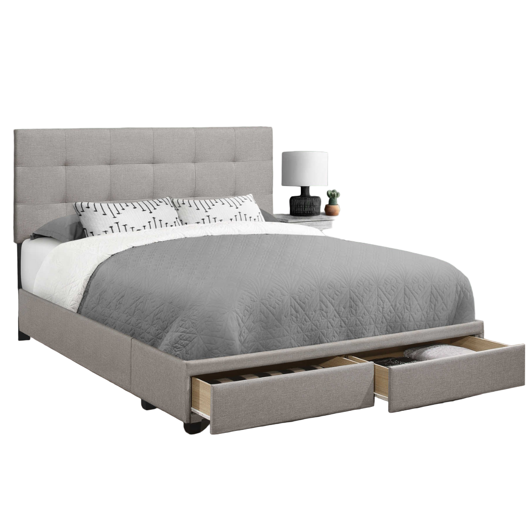 Storian – Lit Queen – Tissu (Lin gris) + 2 tiroirs de rangement