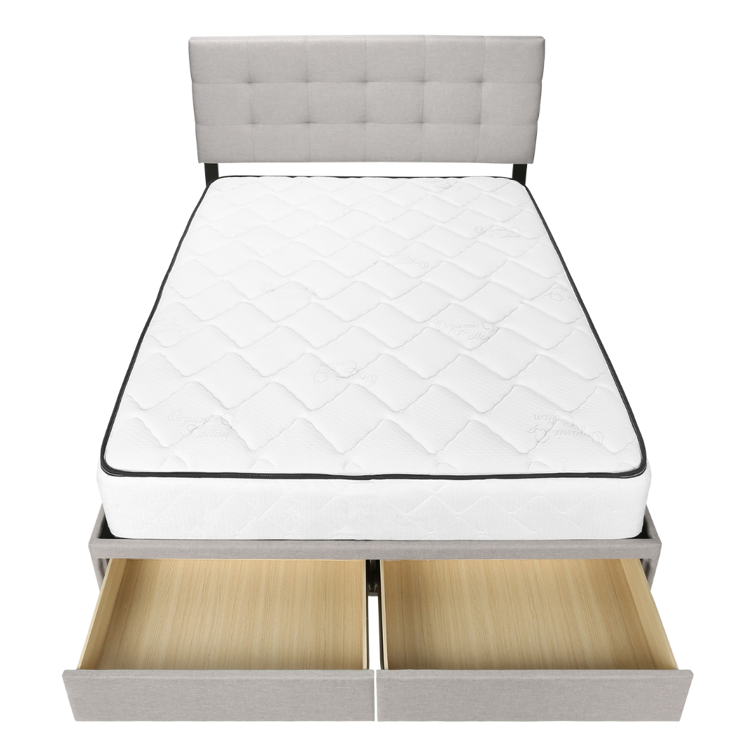 Storian – Lit Queen – Tissu (Lin gris) + 2 tiroirs de rangement