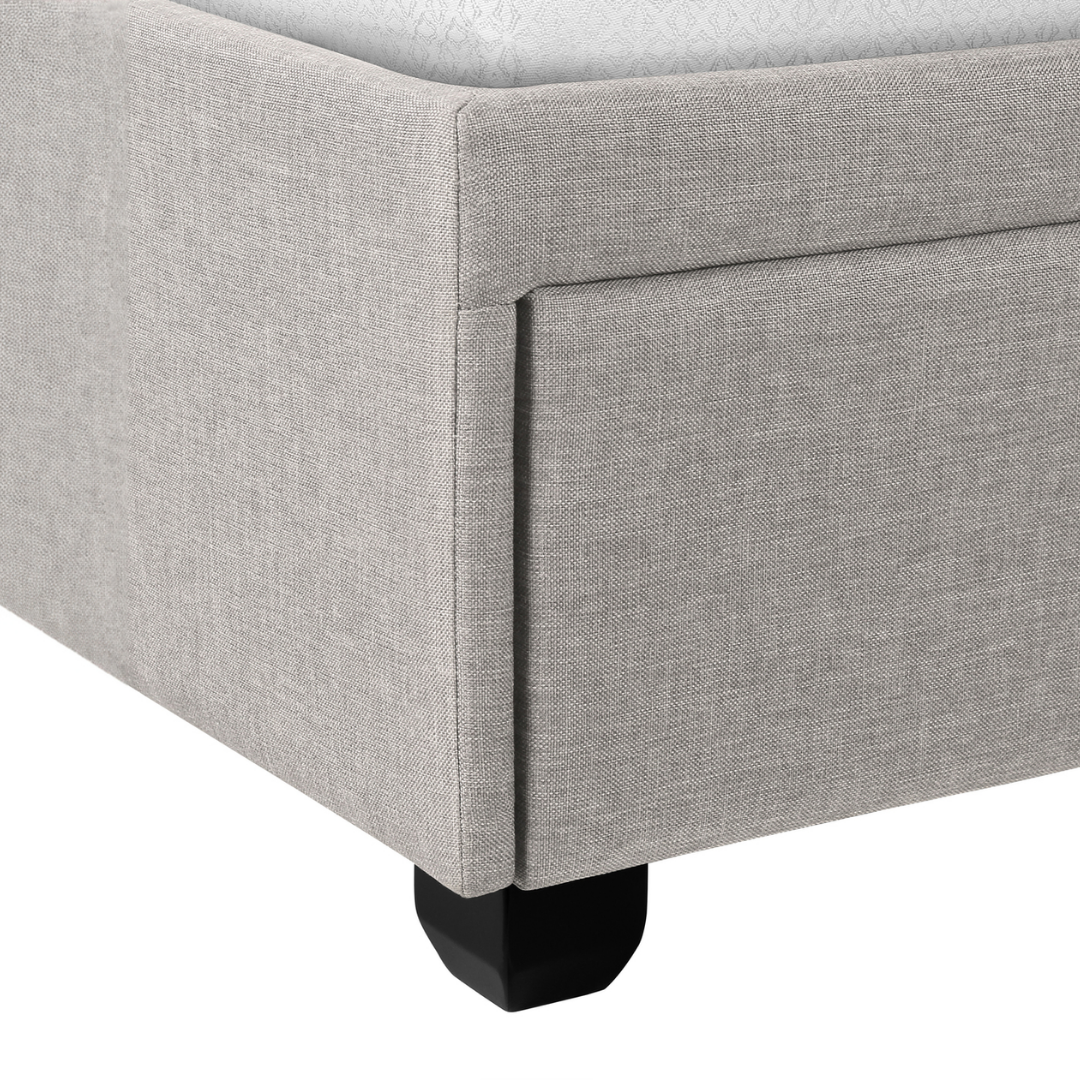 Storian – Lit Queen – Tissu (Lin gris) + 2 tiroirs de rangement
