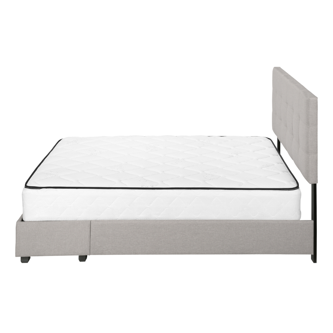 Storian – Lit Queen – Tissu (Lin gris) + 2 tiroirs de rangement