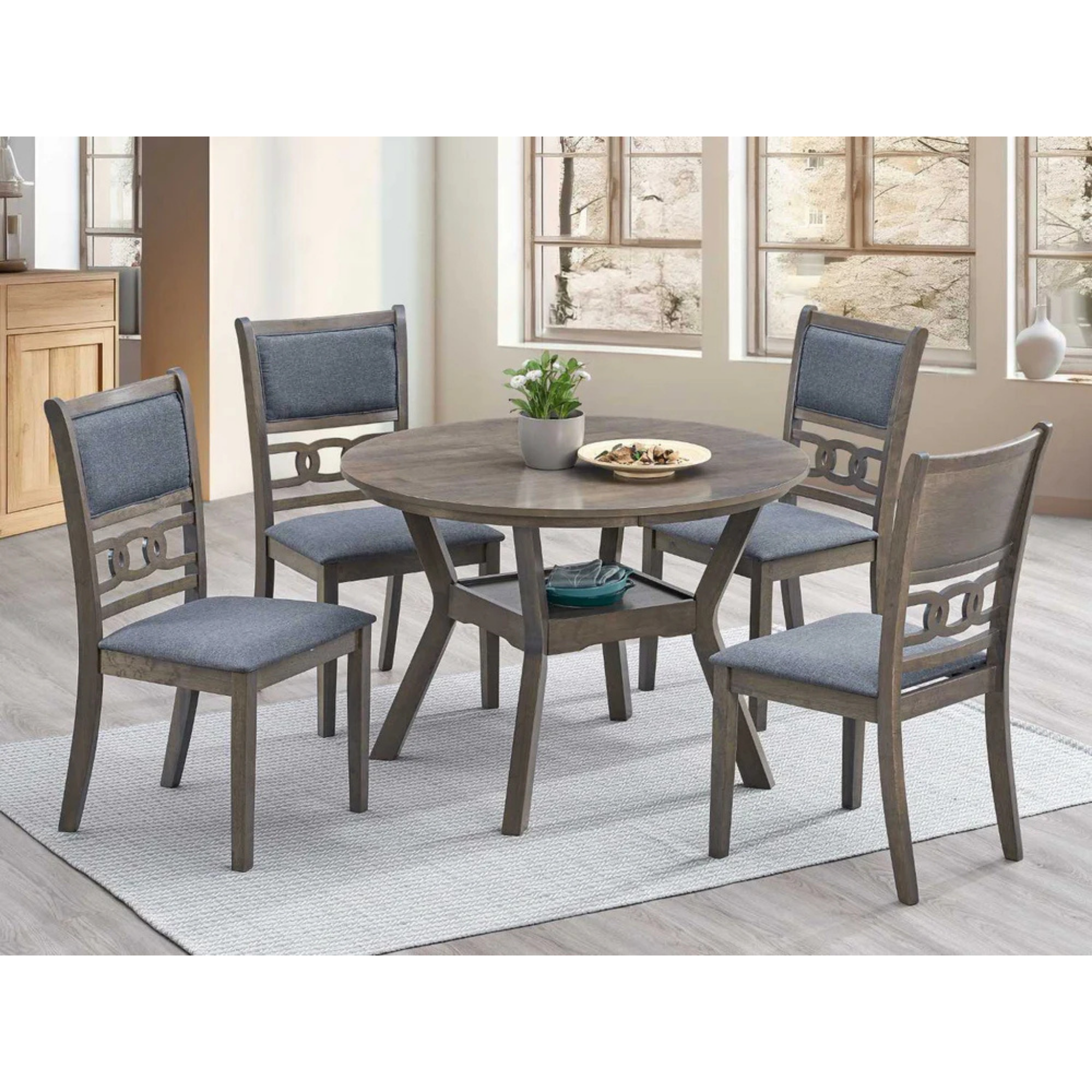 Table à manger ronde grise antique avec 4 chaises en tissu gris T-1079 / C-1084