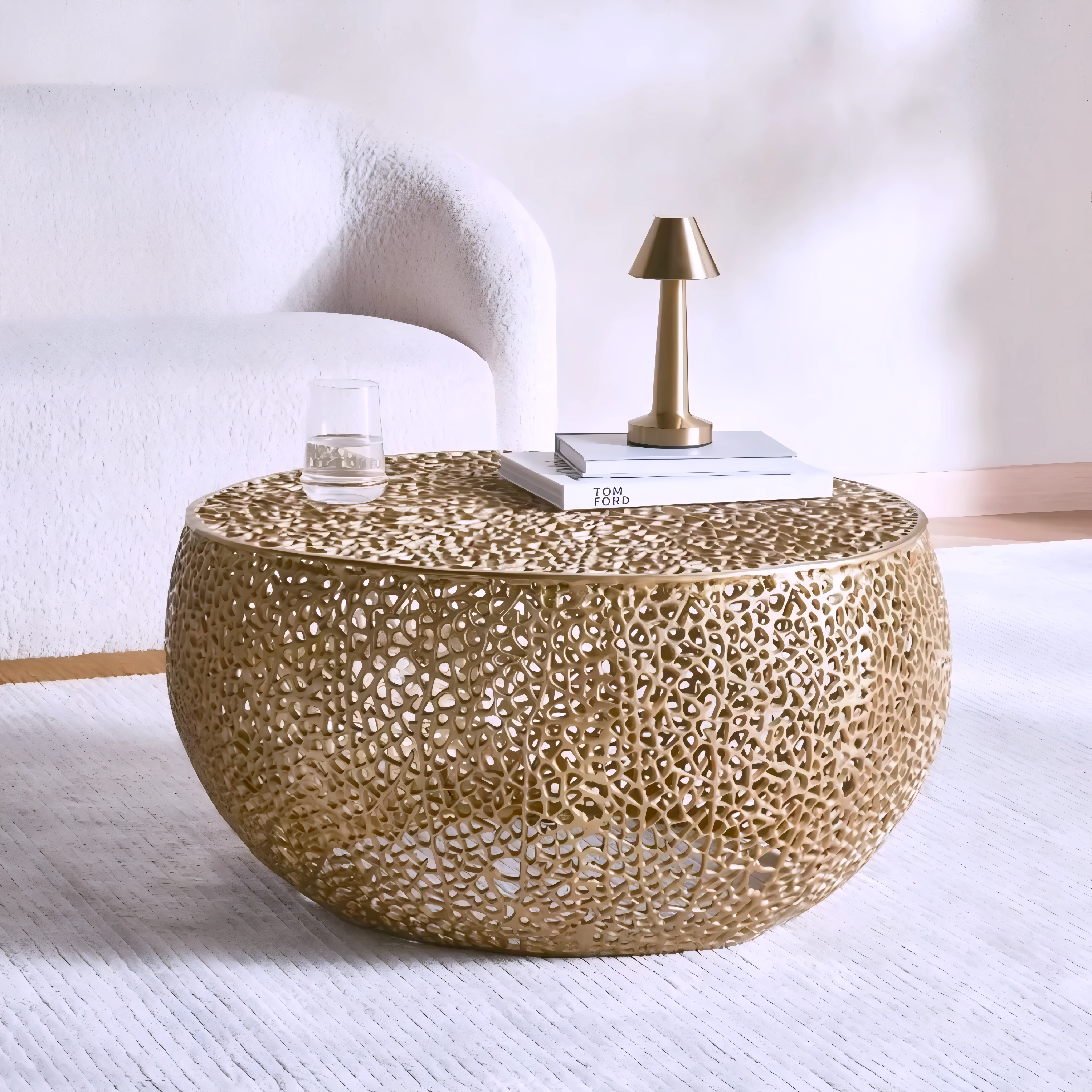 Varello – Woven Metal Round Coffee Table – Gold