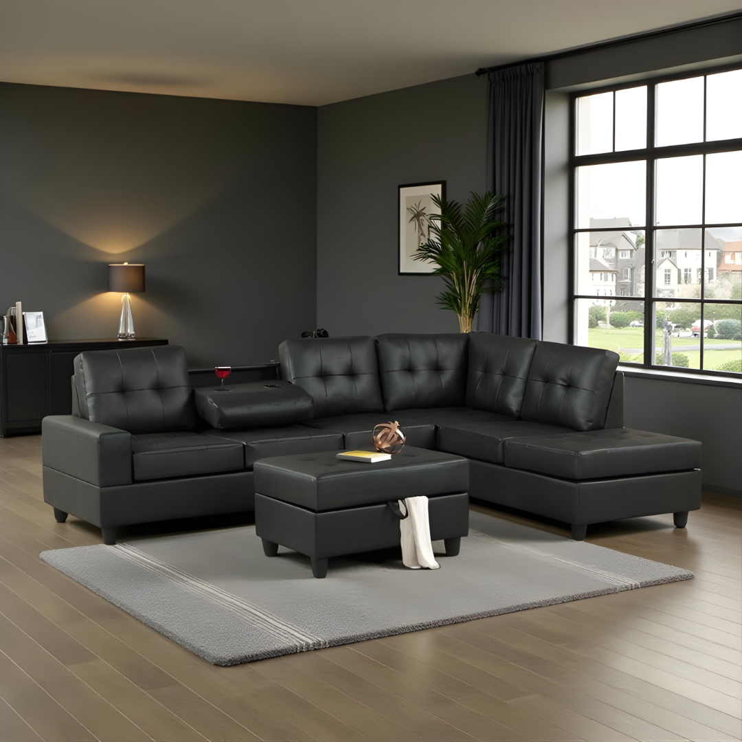 Tavik – Reversible Sofa Sectional – Black Faux Leather