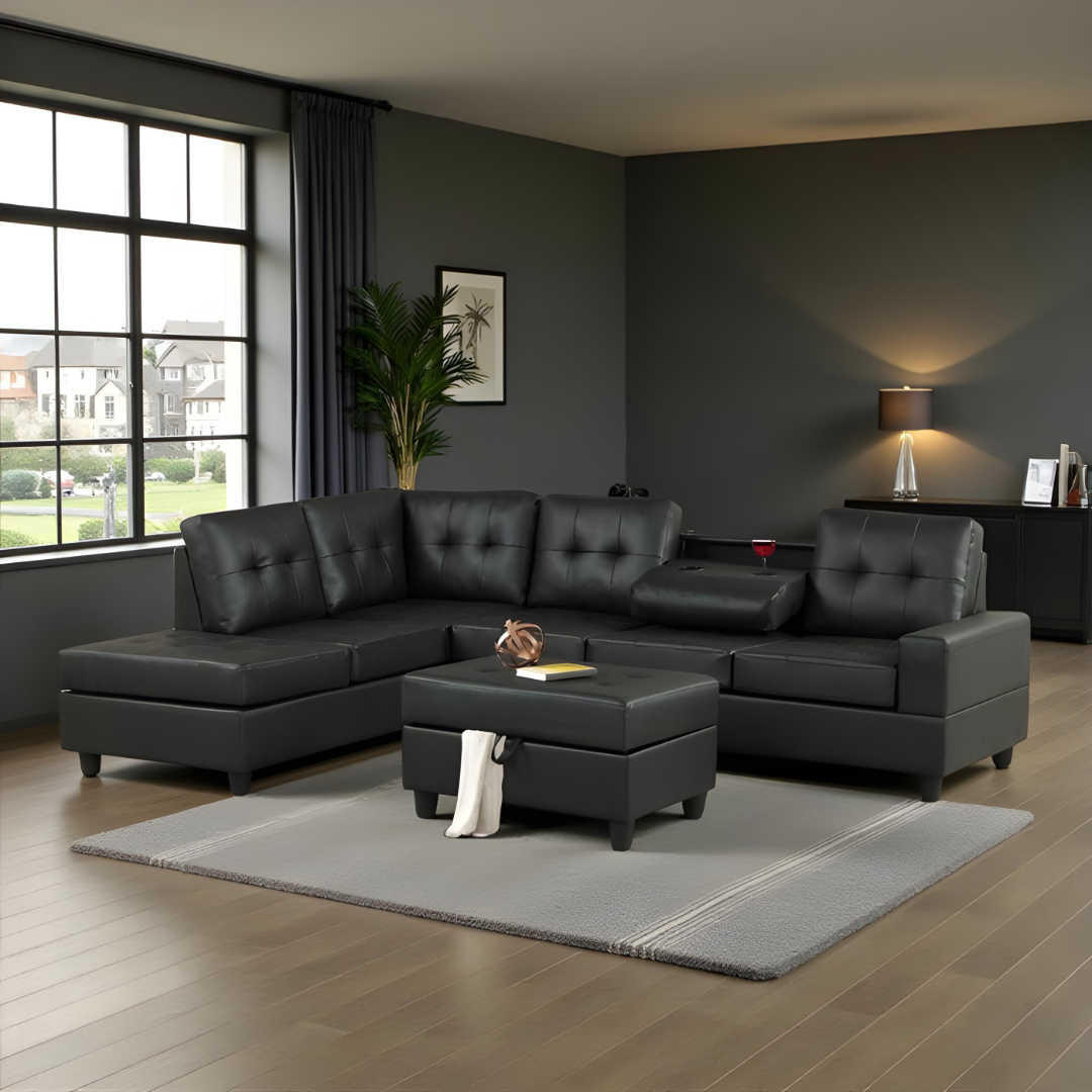 Tavik – Reversible Sofa Sectional – Black Faux Leather