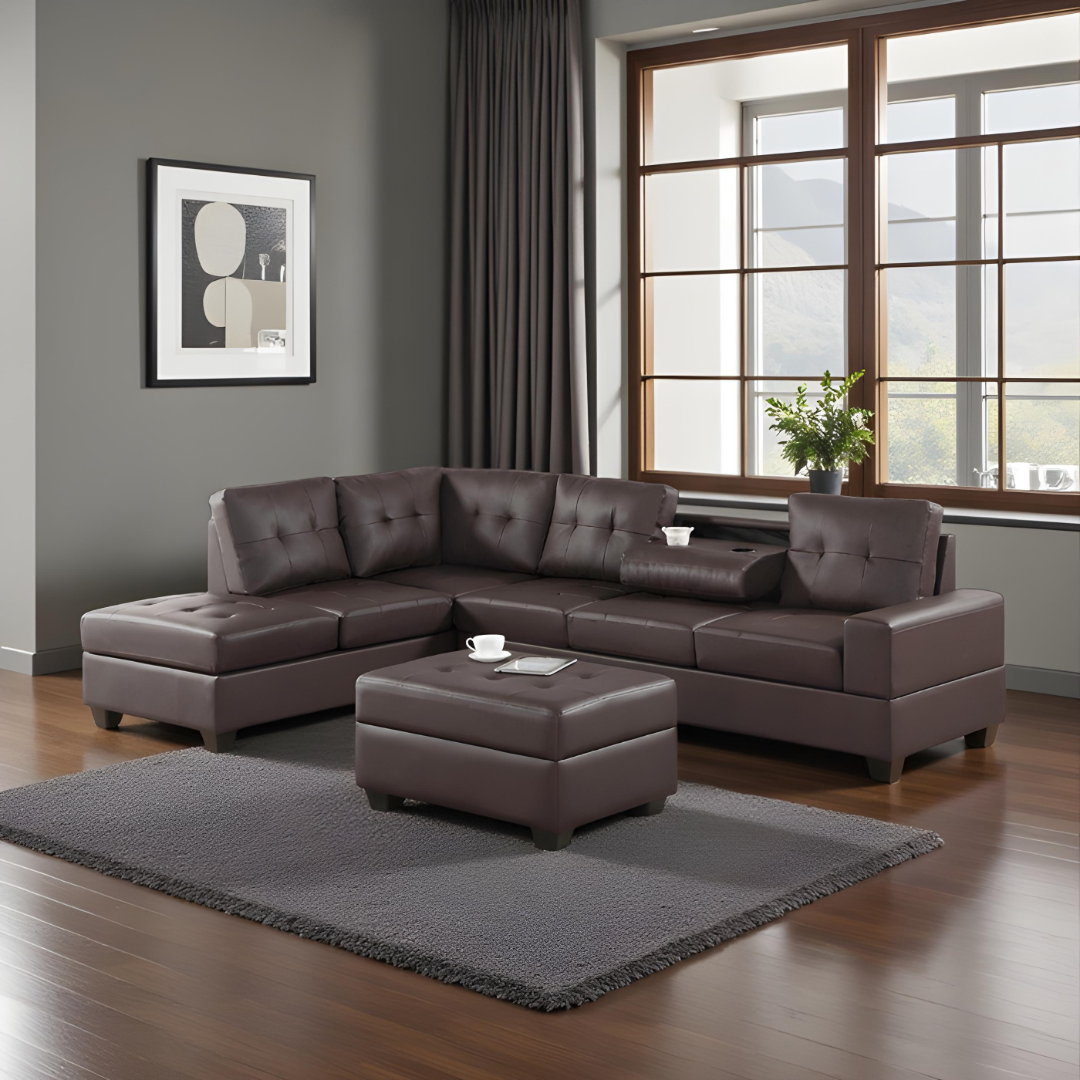 Tavik – Reversible Sofa Sectional – Brown Faux Leather